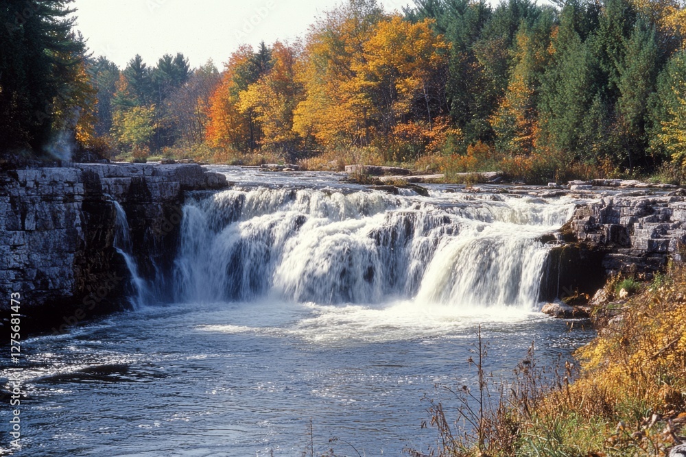 A majestic waterfall cascades down rugged rocks, surrounded by vibrant autumn foliage, creating a breathtaking tapestry of nature's elements. A majestic waterfall cascades down rugged rocks, surrounded by vibrant autumn foliage, creating a breathtaking tapestry of nature's elements.