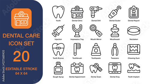 Dental Care Line Icon Set. Dental Clinic, Mouthwash, Toothbrush. Pixel Perfect. Editable Stroke