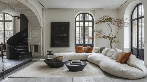 Parisian Modern Interior Design, Comfortable Living Room, neutral tones, stylish decor, spacious apartment