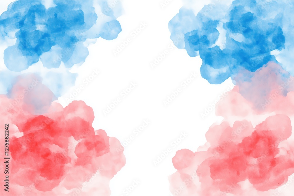 Four watercolor clouds in blue and red arranged with white space in the center. Abstract artistic background.