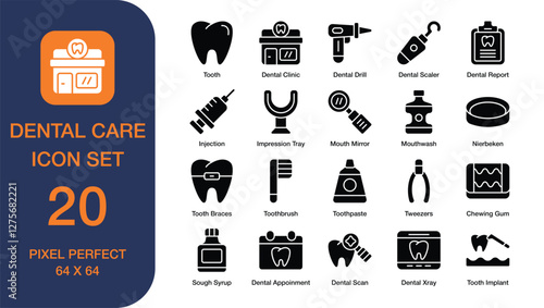 Dental Care Glyph Icon Set. Dental Clinic, Mouthwash, Toothbrush. Pixel Perfect. High Quality