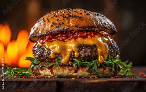 Soaring spicy ghost pepper burger with melted habanero cheddar, vibrant background