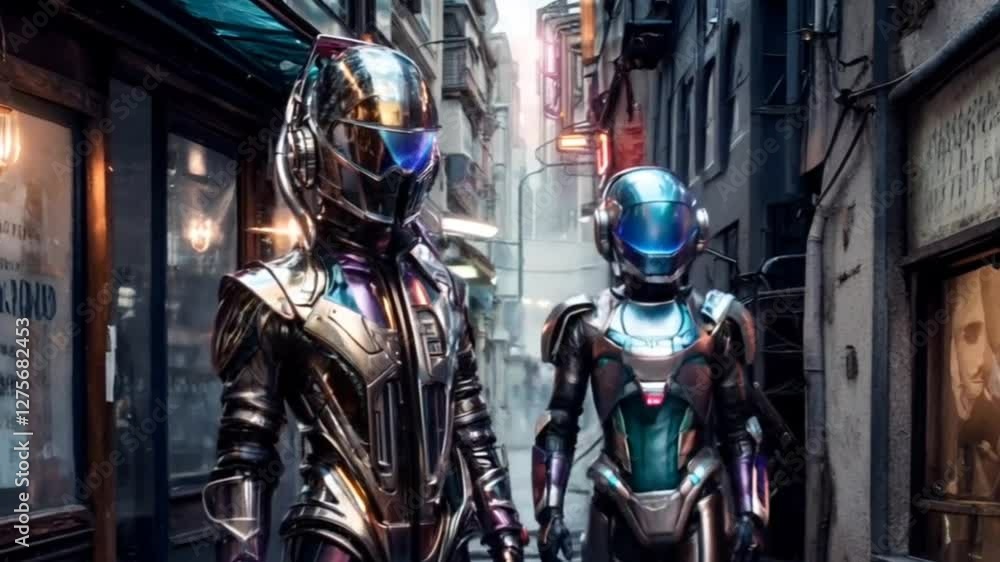 Two people in metallic suits stand in front of a building with neon lights. The scene is futuristic and industrial, with a sense of danger and excitement Two people in metallic suits stand in front of a building with neon lights. The scene is futuristic and industrial, with a sense of danger and excitement