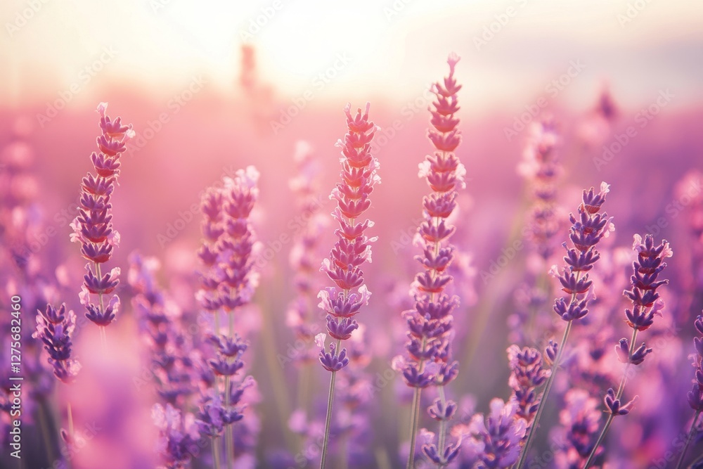 A field of lavender flowers under warm, golden light conveys a sense of beauty, tranquility, and abundance. A field of lavender flowers under warm, golden light conveys a sense of beauty, tranquility, and abundance.