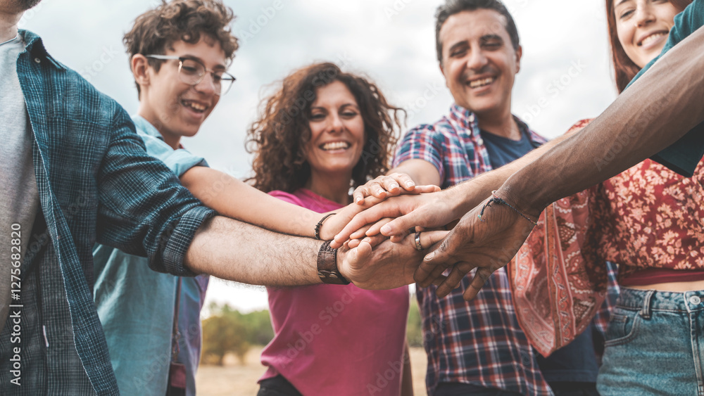 Collective Commitment: Diverse multigenerational team stacking hands for a shared goal and trust. Collective Commitment: Diverse multigenerational team stacking hands for a shared goal and trust.