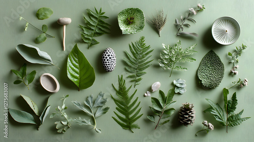 Nature-inspired green arrangement of fresh leaves and plants on soft green background aesthetic decor calm environment