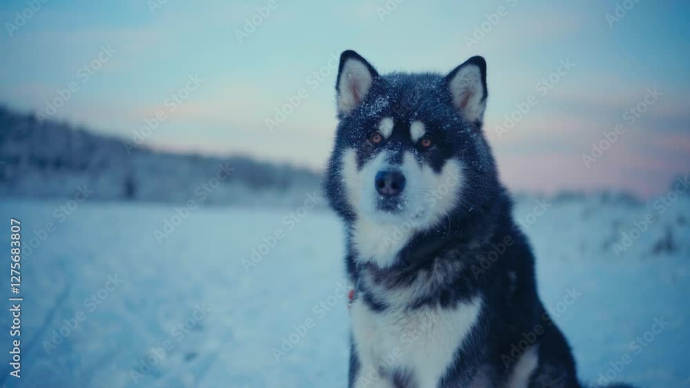 Alaskan Malamute Dog Sitting On Snowy Field During Winter In Norway - Close Up Alaskan Malamute Dog Sitting On Snowy Field During Winter In Norway - Close Up
