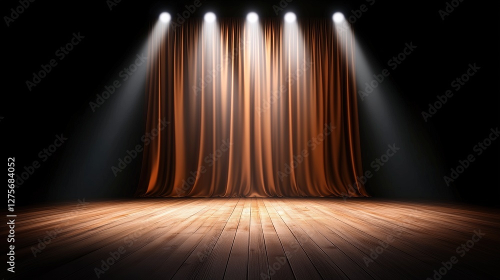 Obraz premium Stage with closed red velvet curtain under spotlights on wooden floor. Theater, presentation, event background