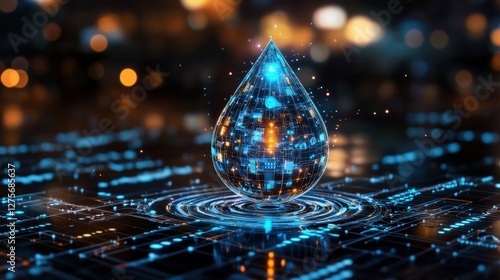 Abstract Digital Water Drop with Glowing Blue Circuits on a Dark Bokeh Background
