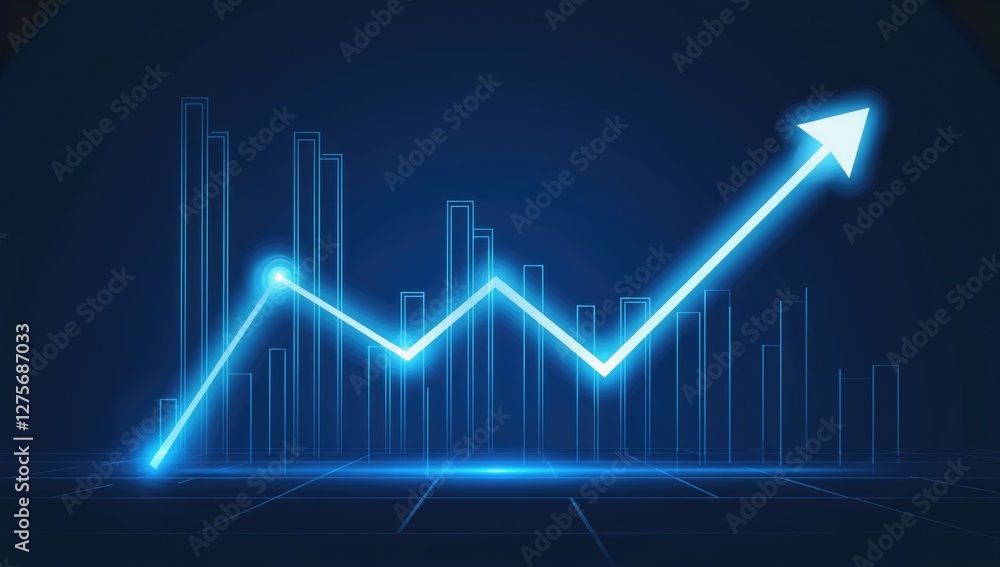 Fototapeta premium Ascending Growth: A dynamic digital representation of a growing line graph with an upward arrow symbolizes financial success, progress, and achievement.