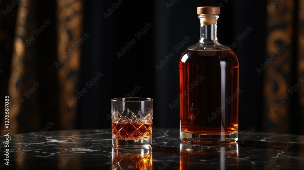 Enjoying cognac in a crystal snifter beside a stylish bottle on marble Enjoying cognac in a crystal snifter beside a stylish bottle on marble