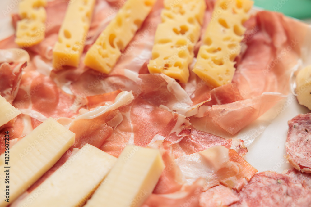 dettagli da vicino di un piatto di antipasti a base di salumi e formaggi