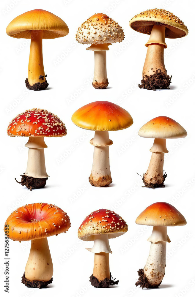 set of different mushrooms, chanterelles, champignons, isolated on white background, pattern set of different mushrooms, chanterelles, champignons, isolated on white background, pattern