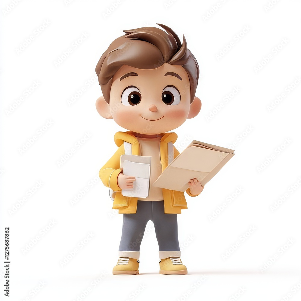Cartoon Child Character Holding Documents in 3D Style Cartoon Child Character Holding Documents in 3D Style