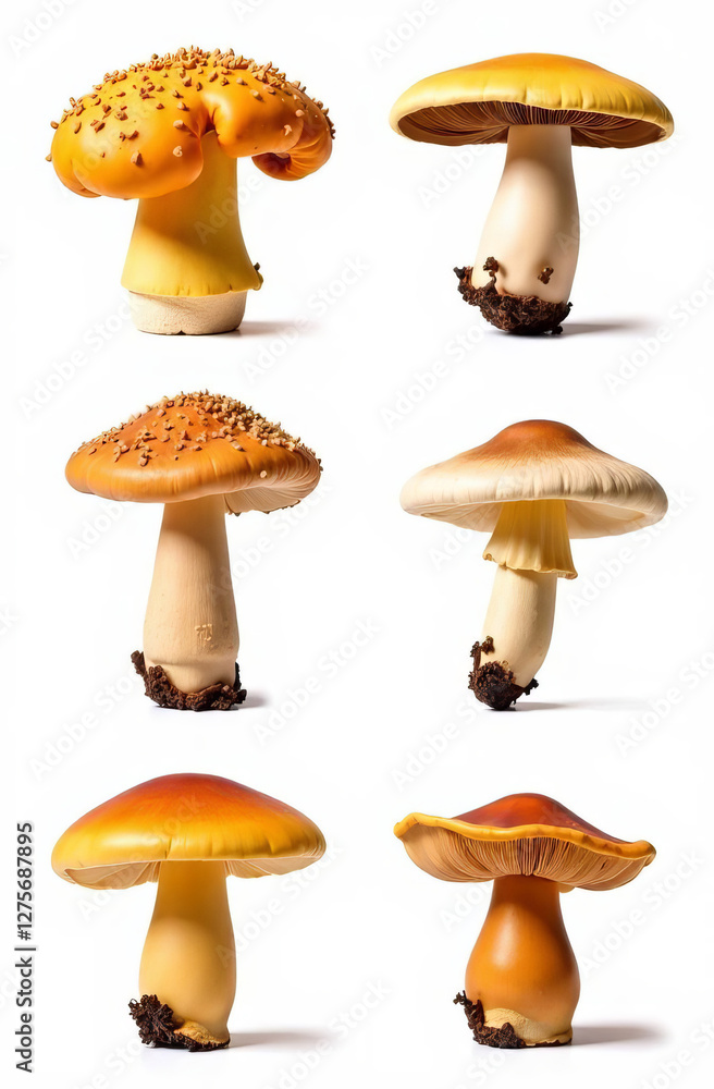 set of different mushrooms, chanterelles, champignons, isolated on white background, pattern set of different mushrooms, chanterelles, champignons, isolated on white background, pattern