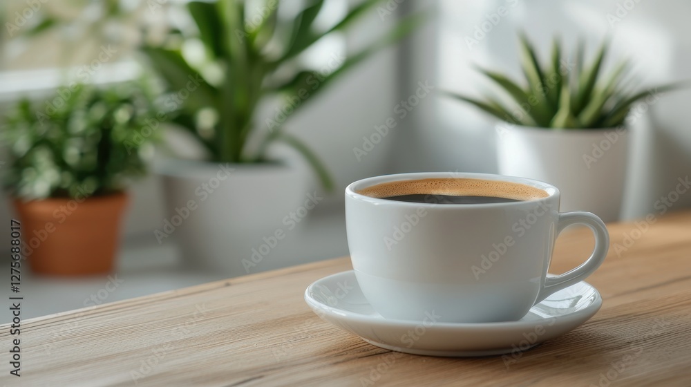 Freshly Brewed Coffee in White Cup on Table with Houseplants Freshly Brewed Coffee in White Cup on Table with Houseplants