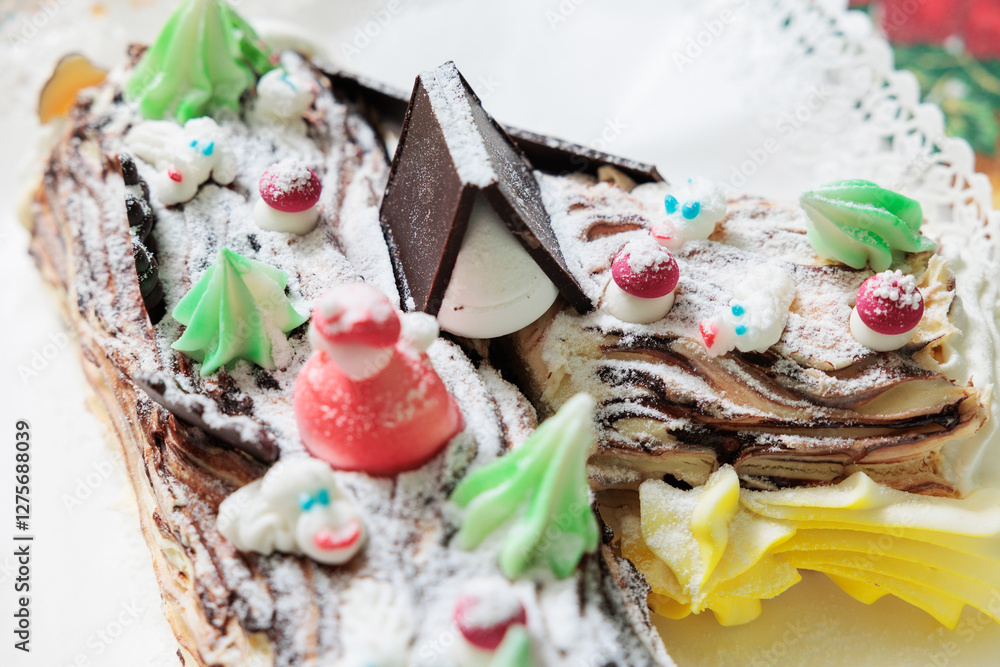 dettagli di un dolce tronchetto di natale italiano