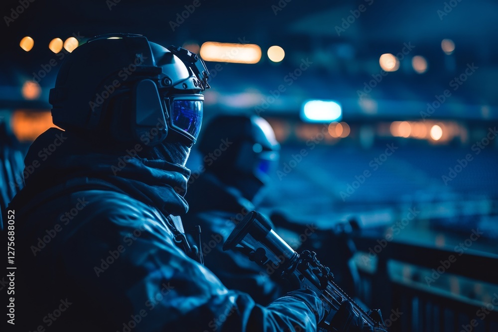 Two figures in tactical gear gaze into a dimly-lit arena, their vigil sharp and atmospheric, set against an unfocused crowd. Two figures in tactical gear gaze into a dimly-lit arena, their vigil sharp and atmospheric, set against an unfocused crowd.