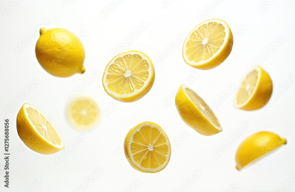 Lemon slices fly in air on white background. Citrus fruit source of vitamin C for healthy eating. Ingredient for lemonade, cooking. Summer refreshment. Lemon slices fly in air on white background. Citrus fruit source of vitamin C for healthy eating. Ingredient for lemonade, cooking. Summer refreshment.