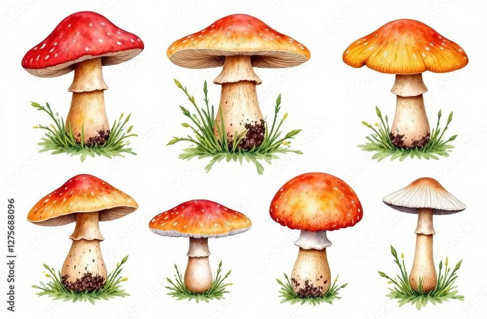 set of different mushrooms, chanterelles, champignons, isolated on white background, pattern set of different mushrooms, chanterelles, champignons, isolated on white background, pattern