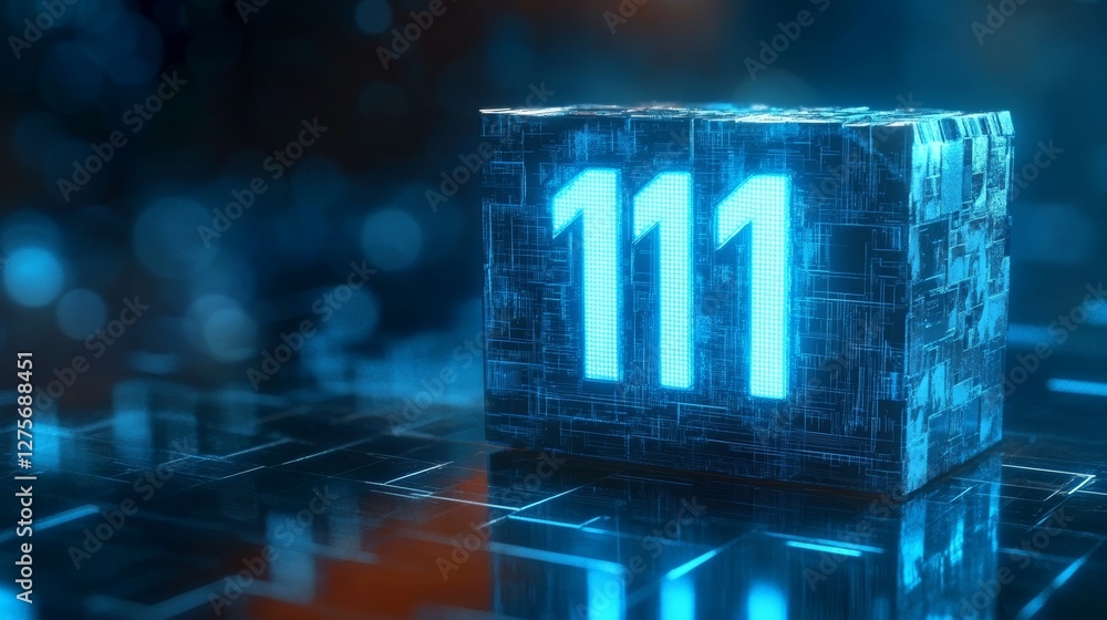 Obraz premium Glowing Digital Cube 3D Number 111 in Futuristic, Technological Style on Circuit Board