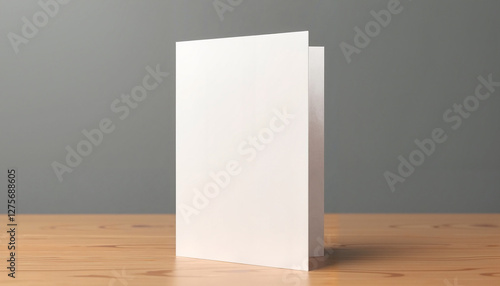 This vertical greeting card mockup features a folded design on a wooden surface. The modern and minimalist presentation is ideal for showcasing invitations, greeting cards, or announcements