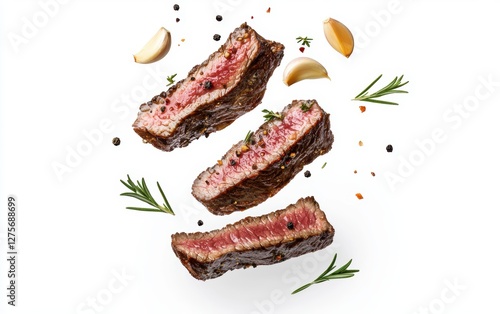 Flying seared steak strips with rosemary and garlic cloves mid-air, white background