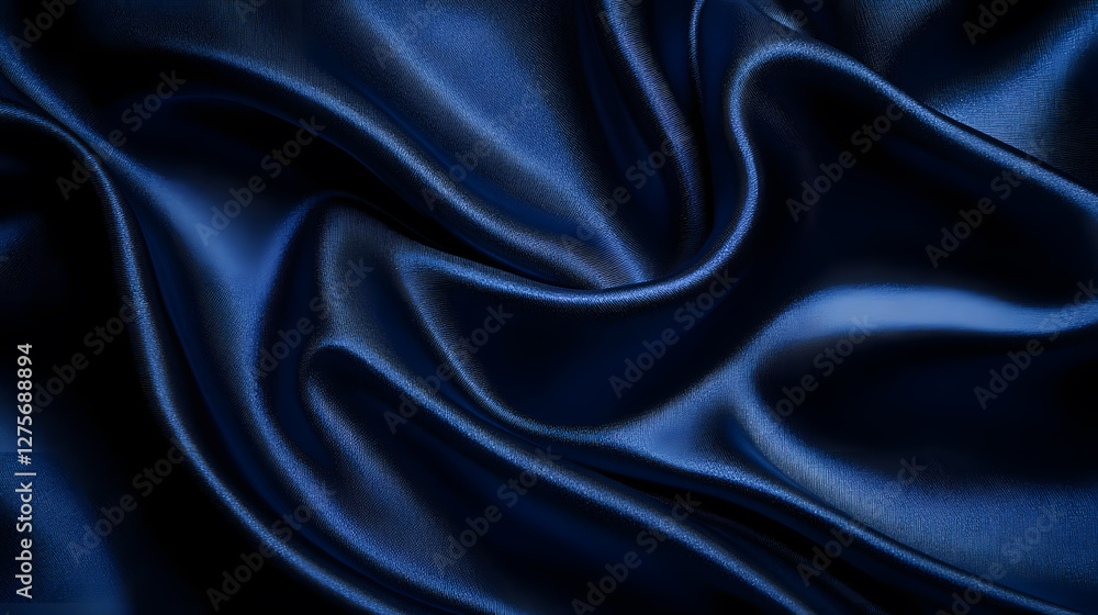 Fototapeta premium Deep blue fabric elegantly drapes and folds, showcasing its rich texture and sheen in soft lighting