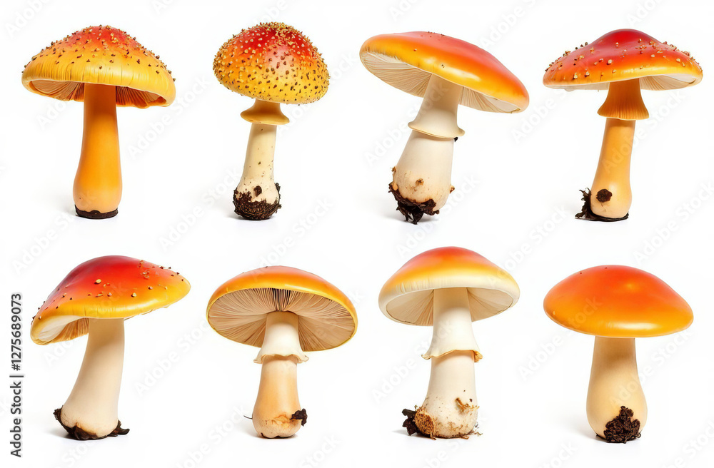set of different mushrooms, chanterelles, champignons, isolated on white background, pattern set of different mushrooms, chanterelles, champignons, isolated on white background, pattern