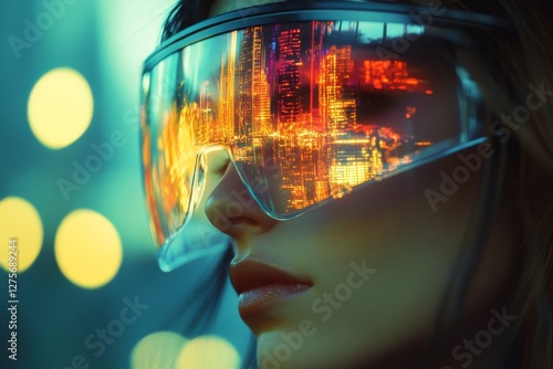 A futuristic visor reflects a glowing cityscape at night, merging technology with imagination, set against a dreamy urban backdrop.