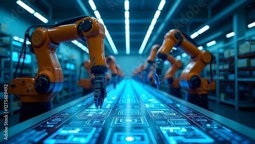 Advanced robotic arms powered by AI assembling products on a high-tech production line. A smart factory showcasing automation, artificial intelligence, and Industry 4.0 innovation.