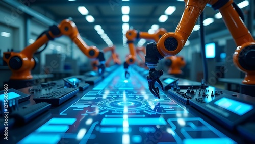 Advanced AI-Powered Robotic Arms in a Futuristic Smart Factory
