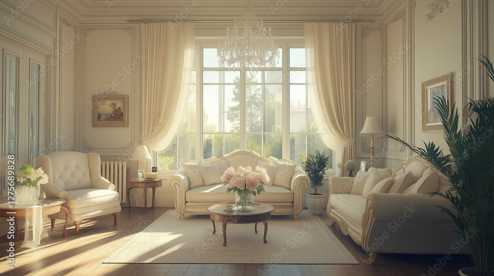 Fototapeta premium Bright Classic Living Room with Large Windows and Cozy Pastel Interior