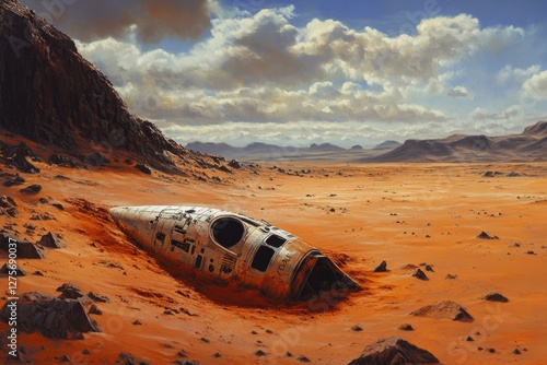 A weathered spacecraft rests half-buried in the rusty red sands of a desolate alien planet. photo