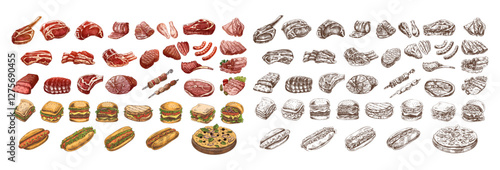 Set of hand-drawn colored and monochrome sketches of different types of meat, steaks, chicken, kebabs, bacon, tenderloin, pork, beef, ham, barbecue, burgers, sandwiches, hot dogs, pizza. 