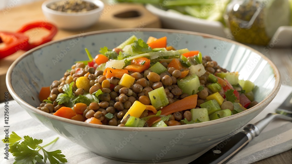 Lentil and Vegetable Salad Cooked lentils, diced carrots, celery, bell peppers, and a lemon vinaigrette Lentil and Vegetable Salad Cooked lentils, diced carrots, celery, bell peppers, and a lemon vinaigrette