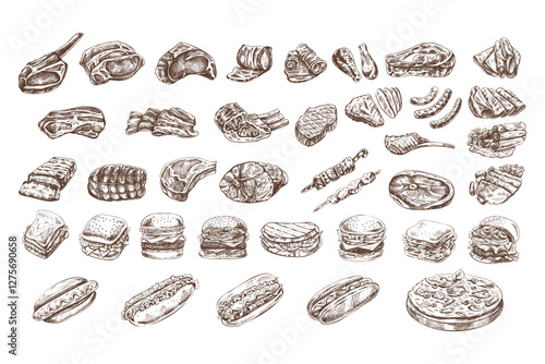 Set of hand-drawn monochrome sketches of different types of meat, steaks, chicken, kebabs, bacon, tenderloin, pork, beef, ham, barbecue, burgers, sandwiches, hot dogs, pizza. Vintage illustration.
