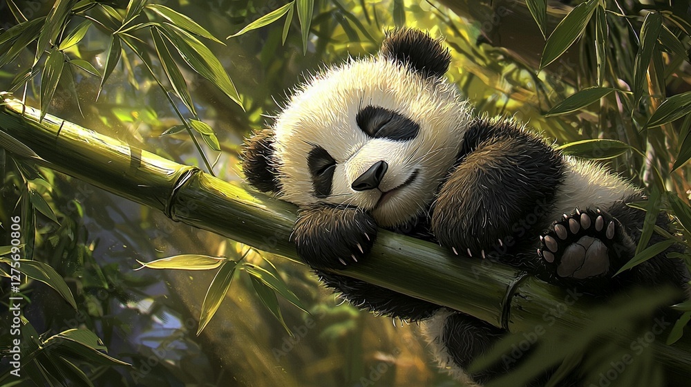 Fototapeta premium Panda Cub Sleeping on Bamboo