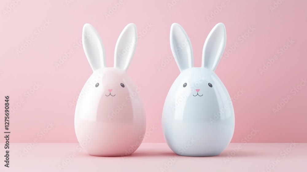 Two egg-shaped bunny figures in pink and white with minimalistic design on pastel pink background. Easter decor and minimalistic holiday design Two egg-shaped bunny figures in pink and white with minimalistic design on pastel pink background. Easter decor and minimalistic holiday design