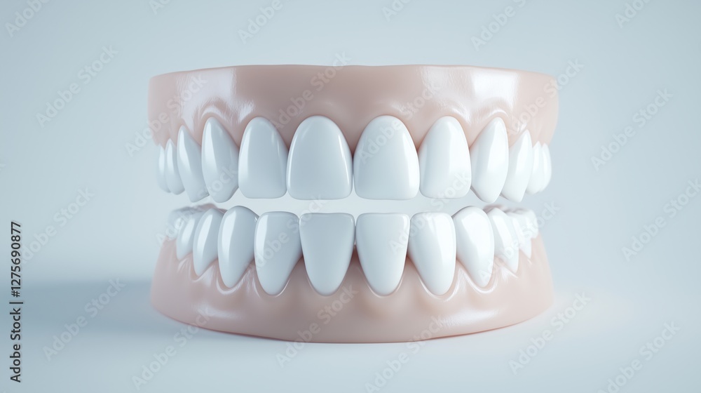 Obraz premium 3D illustration of full dental model with white teeth and gums on light background. Orthodontics and dental care concept