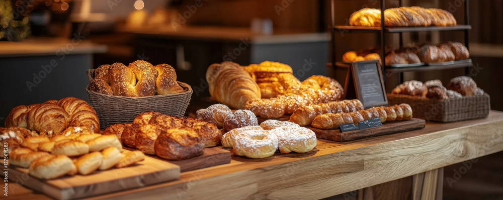 Freshly baked goods display featuring various pastries, including croissants, danishes, and doughnuts, arranged beautifully on wooden tables, evoking warm and inviting atmosphere Freshly baked goods display featuring various pastries, including croissants, danishes, and doughnuts, arranged beautifully on wooden tables, evoking warm and inviting atmosphere