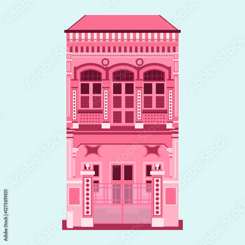 A beautifully detailed pink Peranakan house in Singapore, showcasing ornate architecture, colorful shutters, and intricate decorative elements, reflecting the rich cultural heritage of the region.