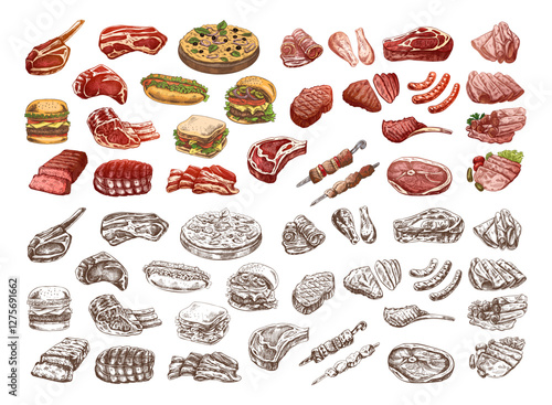 Set of hand-drawn color and monochrome sketches of different types of meat, steaks, chicken, kebabs, bacon, tenderloin, pork, beef, ham, barbecue, burgers, sandwiches, hot dogs, pizza. 