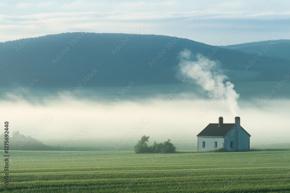 A solitary house stands in a misty field, smoke curling from its chimney, set against rolling hills under a soft, pastel sky. A solitary house stands in a misty field, smoke curling from its chimney, set against rolling hills under a soft, pastel sky.