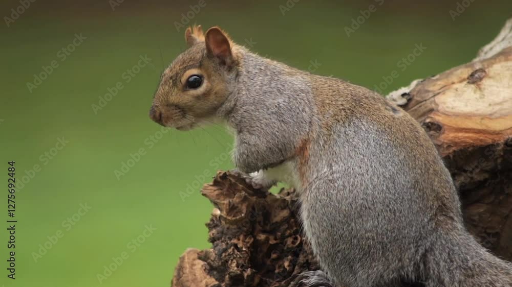 Grey Squirrel Perched On Tree Trunk Turning Towards Camera In Slow Motion Daytime Garden Borehamwood Hertfordshire UK Grey Squirrel Perched On Tree Trunk Turning Towards Camera In Slow Motion Daytime Garden Borehamwood Hertfordshire UK