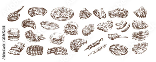 Set of hand-drawn monochrome sketches of different types of meat, steaks, chicken, kebabs, bacon, tenderloin, pork, beef, ham, barbecue, burgers, sandwiches, hot dogs, pizza. Vintage illustration.