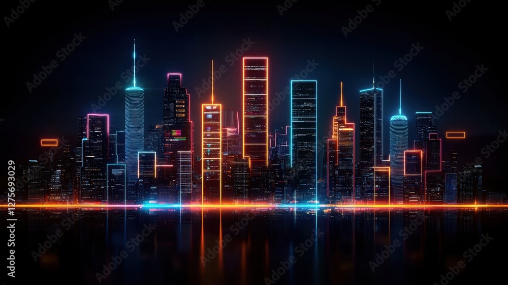 Fototapeta premium Abstract Glowing Cityscape at Night with Vibrant Neon Lights and Dark Sky Reflections