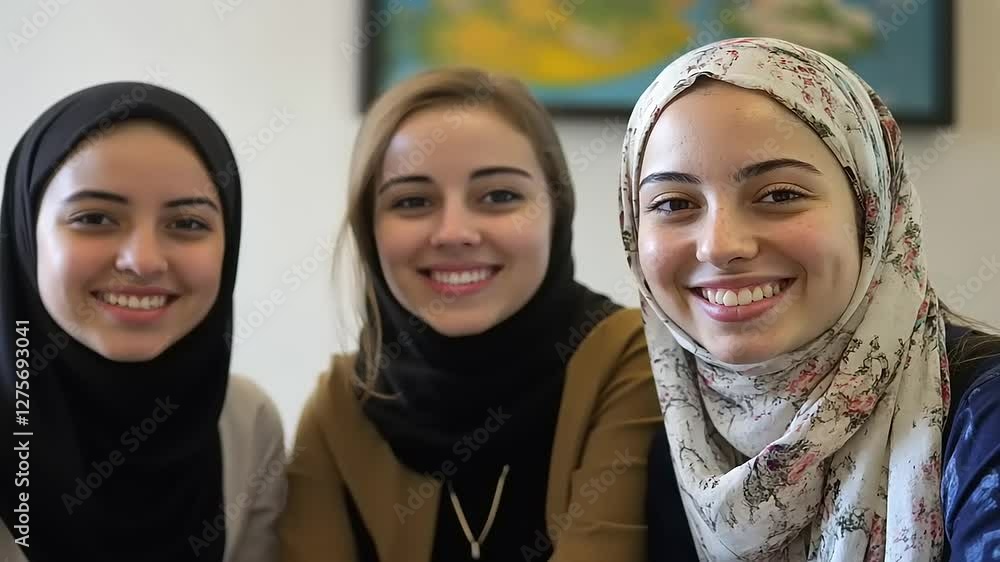 Three young women smiling, wearing hijabs, in a friendly indoor setting. Three young women smiling, wearing hijabs, in a friendly indoor setting.