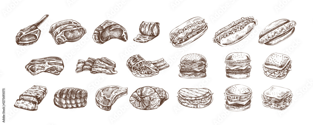Set of hand-drawn monochrome sketches of different types of meat, steaks, chicken, kebabs, bacon, tenderloin, pork, beef, ham, barbecue, burgers, sandwiches, hot dogs. Vintage illustration. Set of hand-drawn monochrome sketches of different types of meat, steaks, chicken, kebabs, bacon, tenderloin, pork, beef, ham, barbecue, burgers, sandwiches, hot dogs. Vintage illustration.