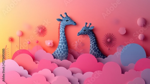 Surreal Paper Cutout Giraffe in Dreamy Clouds